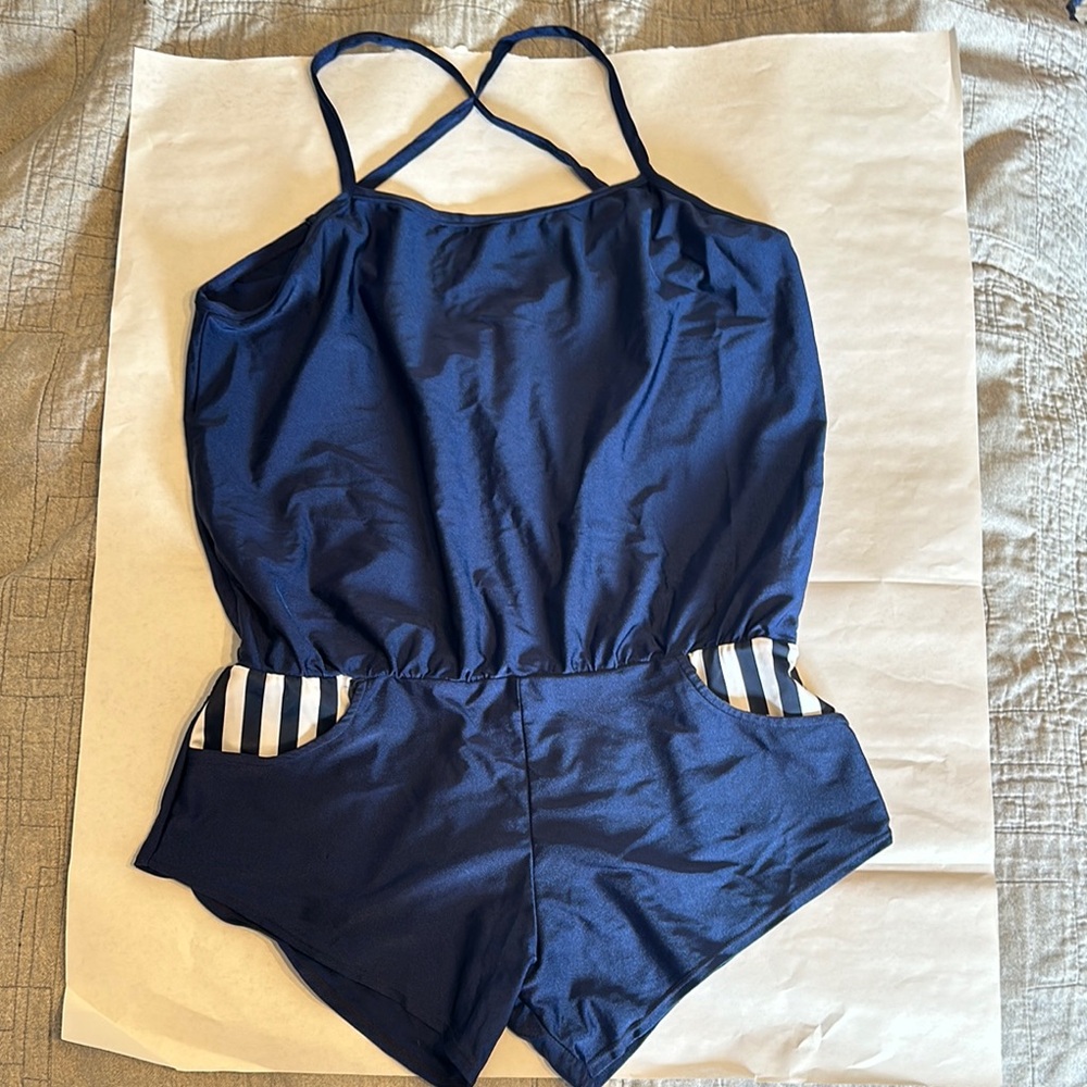 Blue One Piece Swimwear with Striped Accents and Blouson Waist